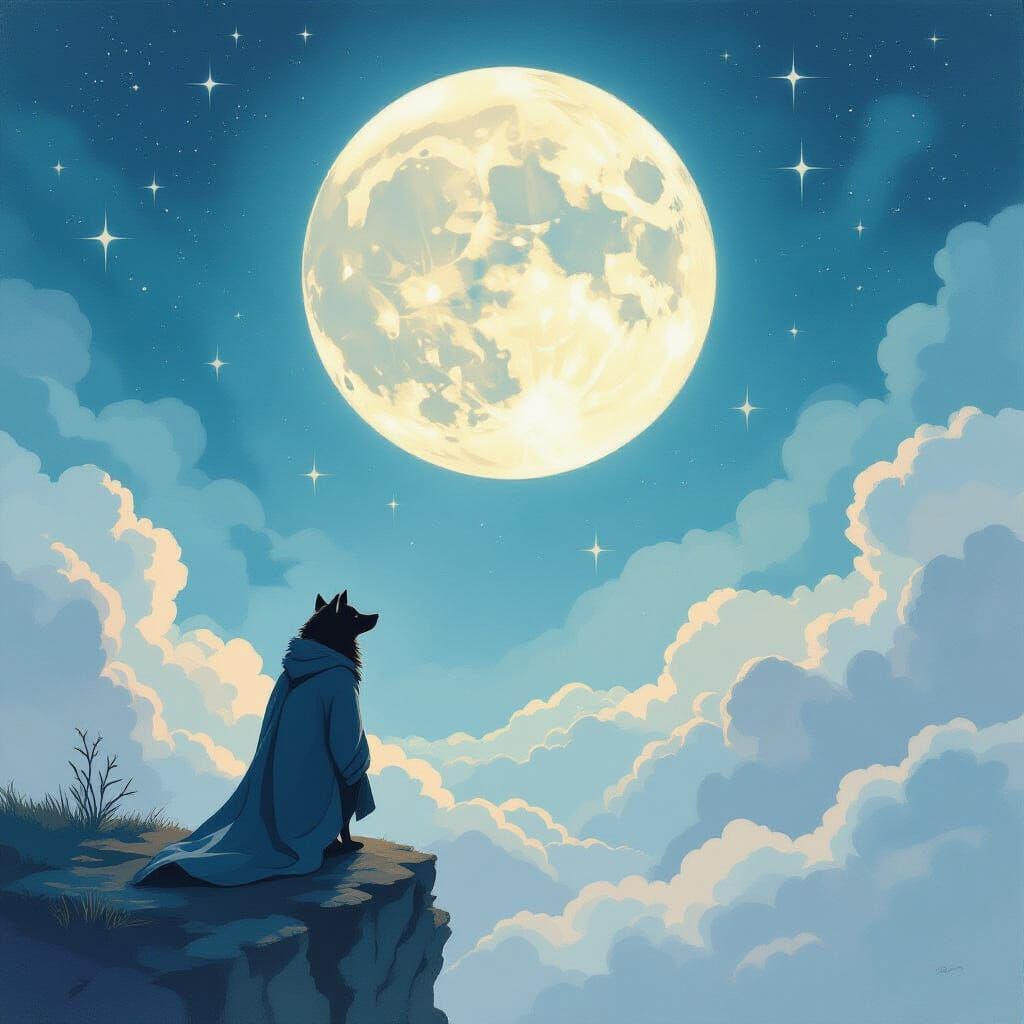 Lone Wolf on Moon in Pastel Surrealism