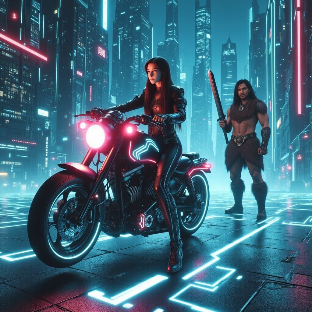 Cyberpunk Female Warrior Meets Conan in a Futuristic Grid