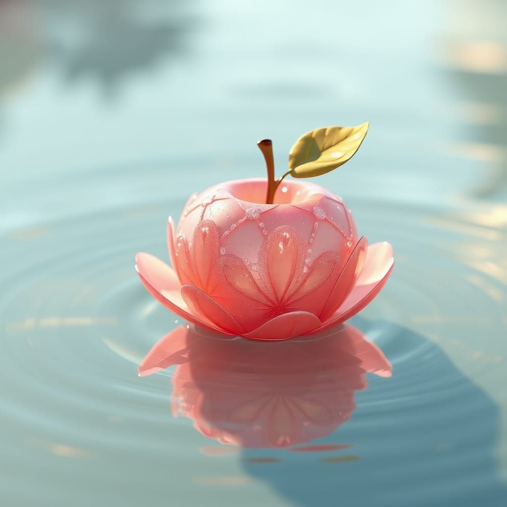 Crystal Apple Floating on Water in Anime Style