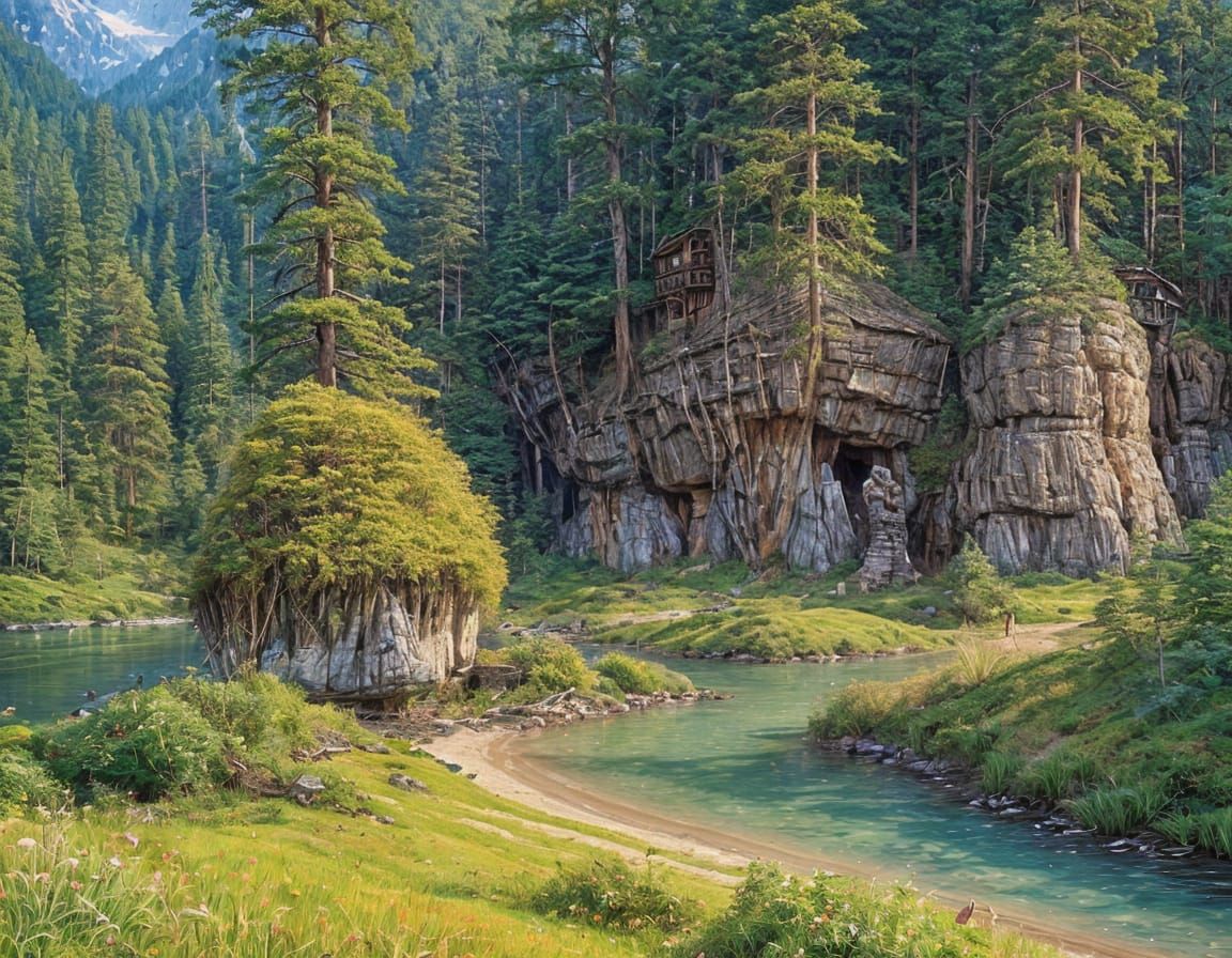 Ewok Cliff Village Oil Painting in a Folk Art Style