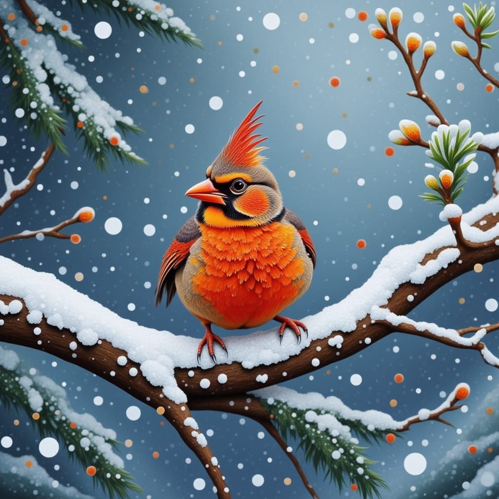 Cardinal on Snowy Pine Branch in Winter Wonderland