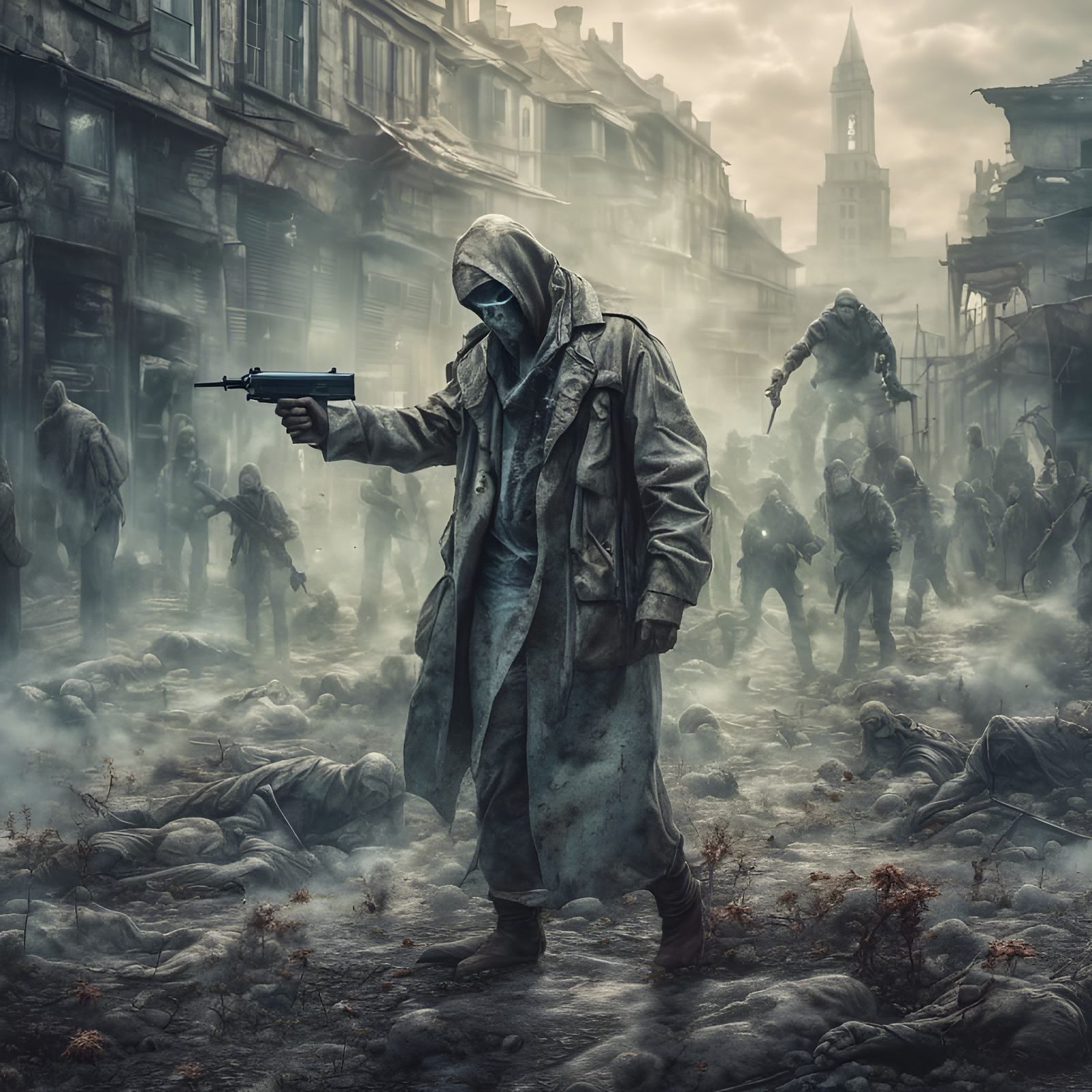 <lora:Ghostly:1.0> A government soldier shooting zombies dur...