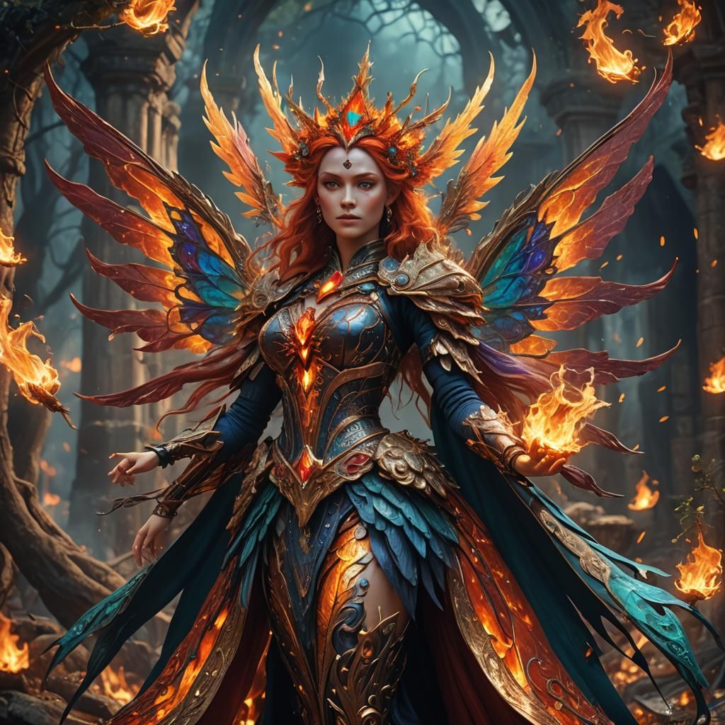 Mythical Fire Fairy Queen in Detailed Matte Painting