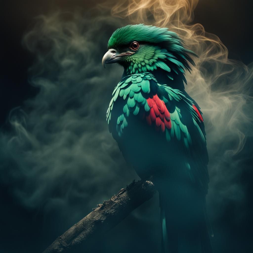 Resplendent Quetzal Rising from Smoke and Shadows