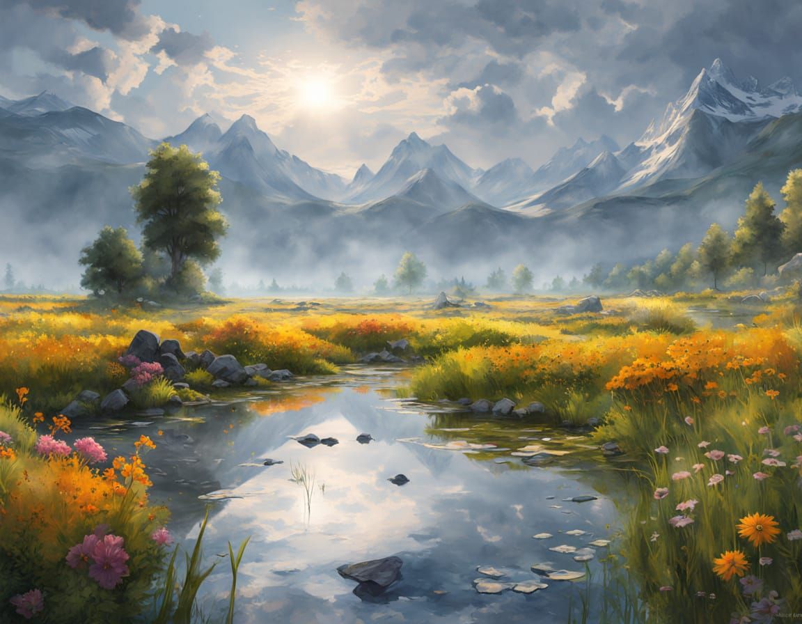 Rainy Flower Field Watercolor Painting