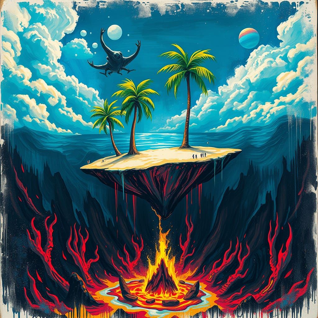 Floating Island Paradise Above Hellish Underworld