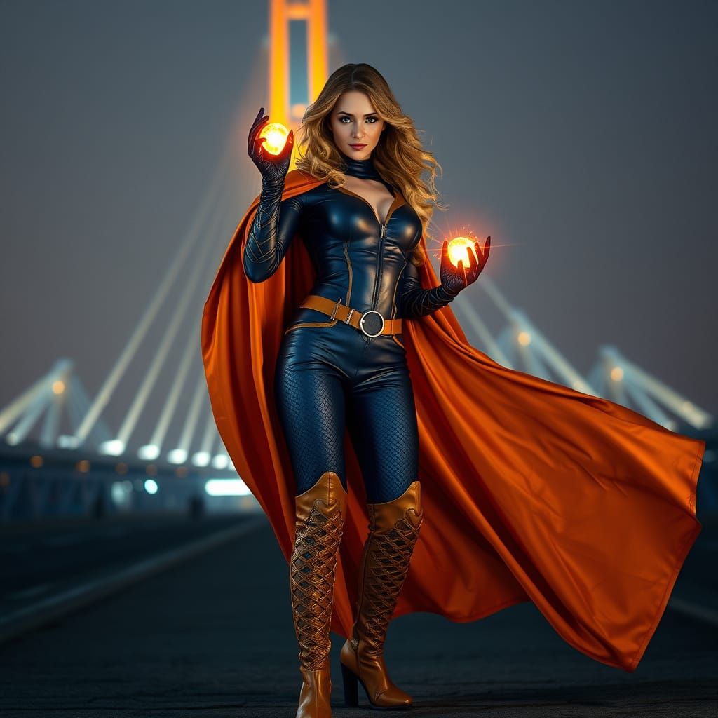 Dutch Superheroine Radiating Energy in Futuristic Cityscape