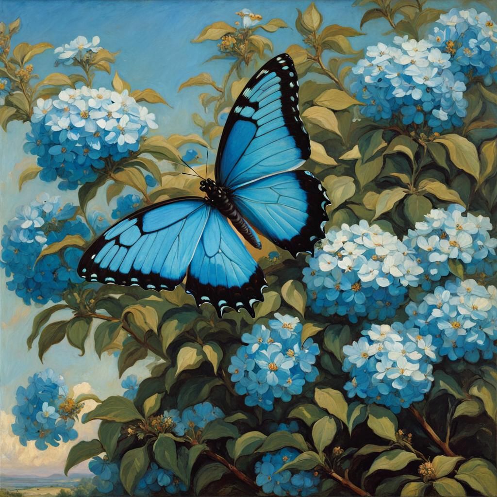 Cerulean Butterfly and Flowers in Waterhouse Style