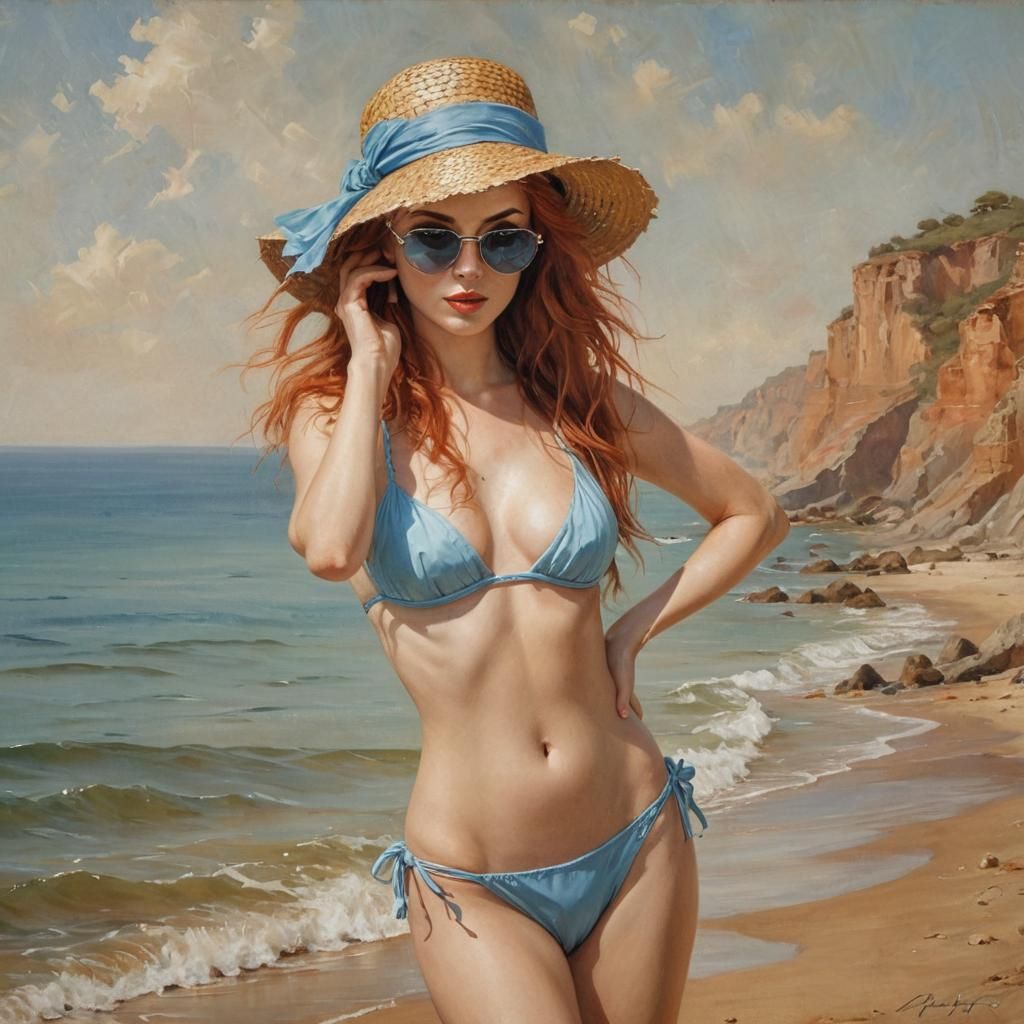 Glamorous Redhead in Sea-Blue Bikini, Oil Painting