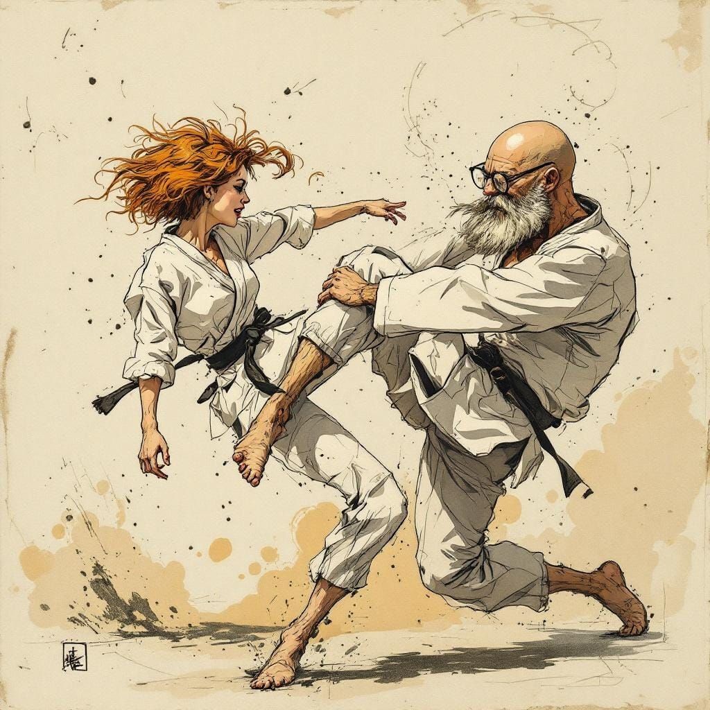 Whimsical Karate Match in Egon Schiele Style