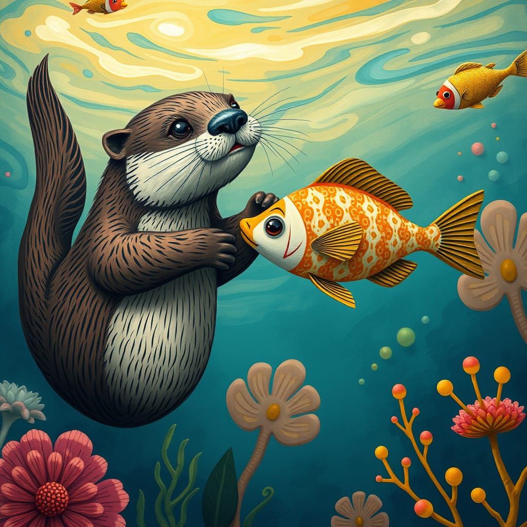 Otter and Fish Friendship in Whimsical Underwater Scene
