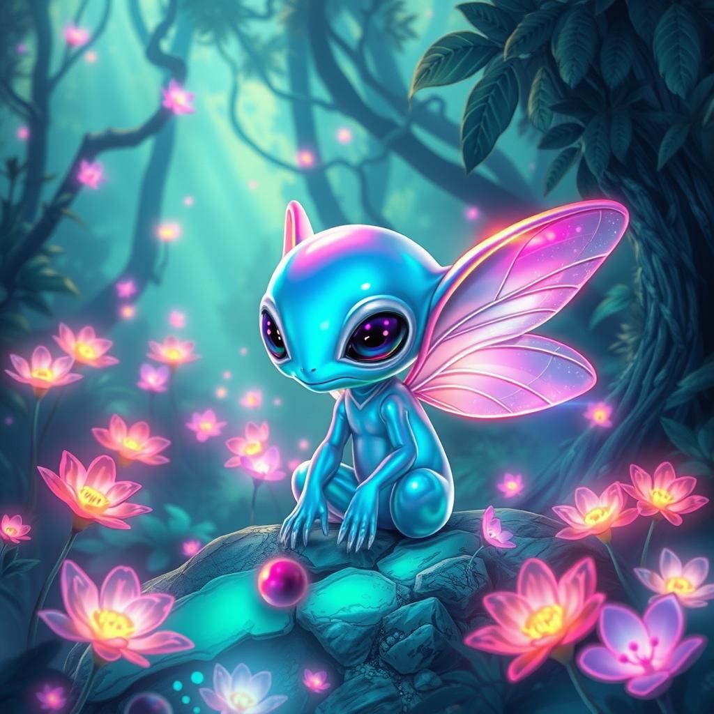 Iridescent Alien in Bioluminescent Forest