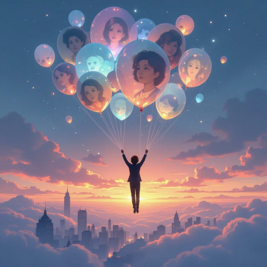 Youth Floats Above Cityscape with Luminous Balloons