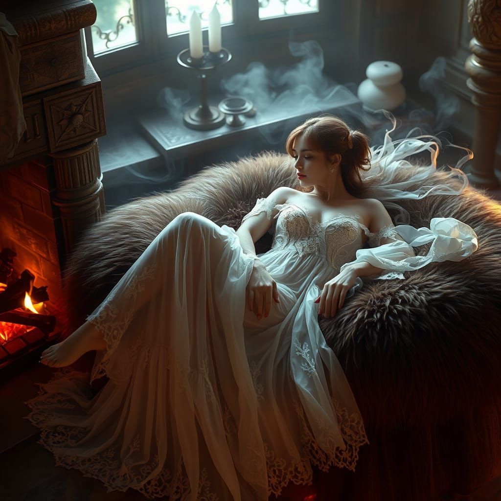 Ethereal Woman in White Lace Adorned by Fireplace Glow