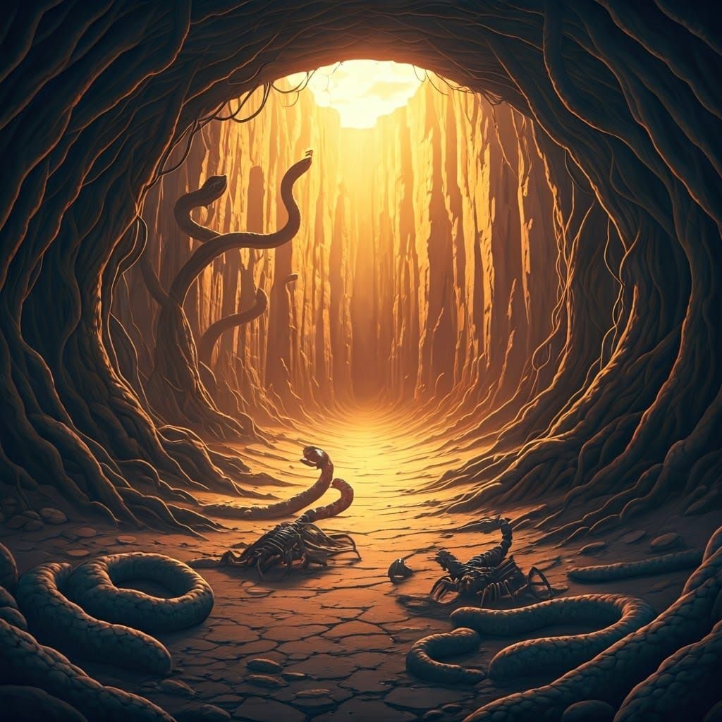 Ancient Pit in Arid Landscape, Snakes and Scorpions at Sunse...
