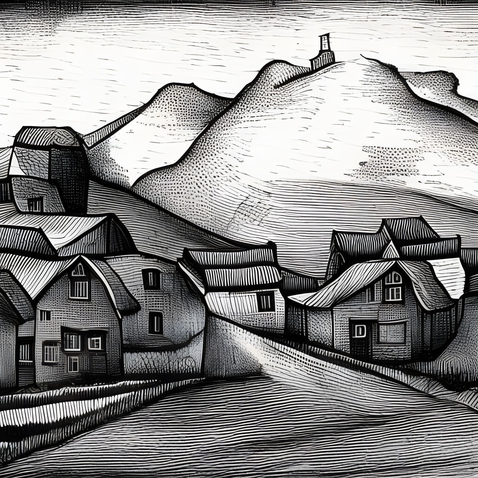 Monochrome Ink Painting of a Village with Crosshatching
