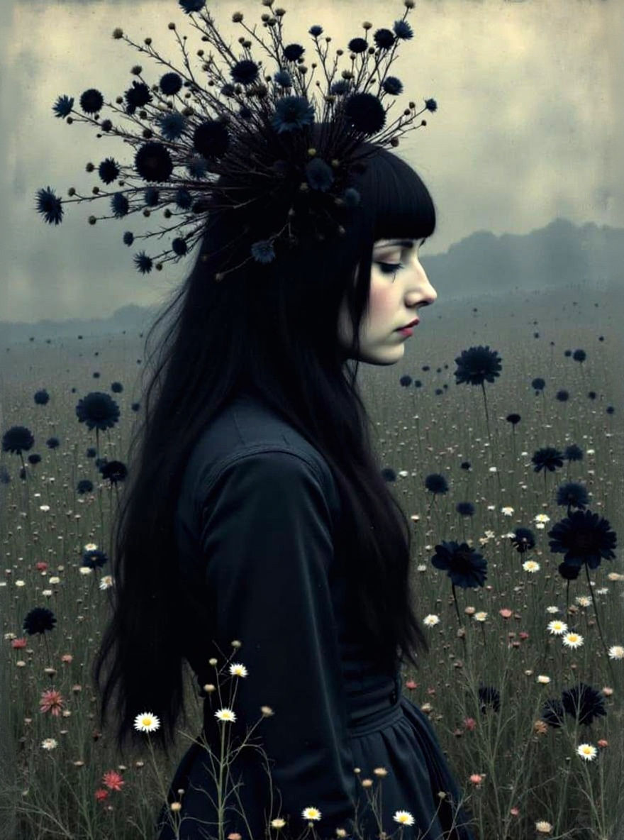 Goth Woman in Gloomy Victorian Field
