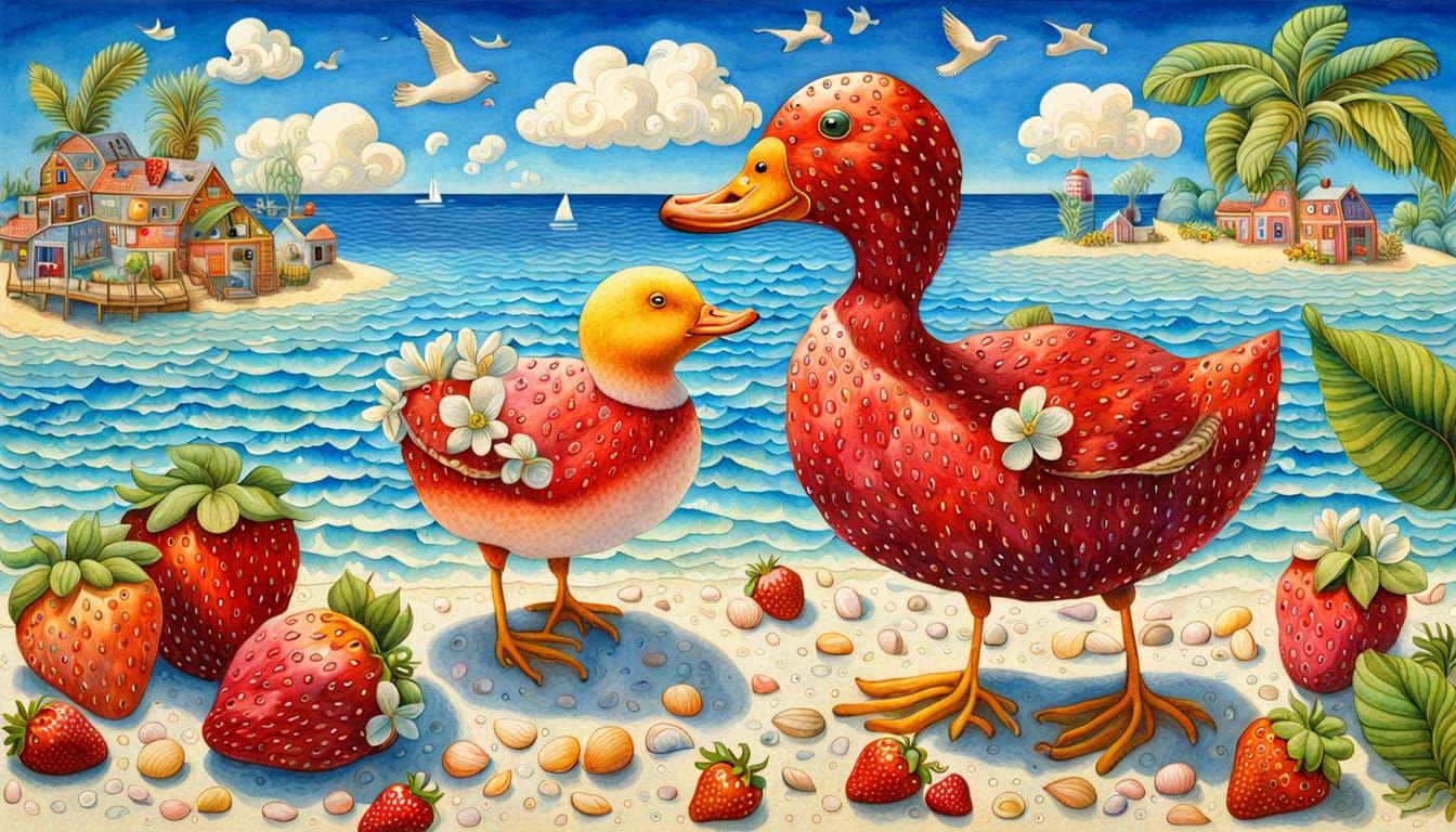 Strawberry Beach Holiday in Cubist Watercolor Style