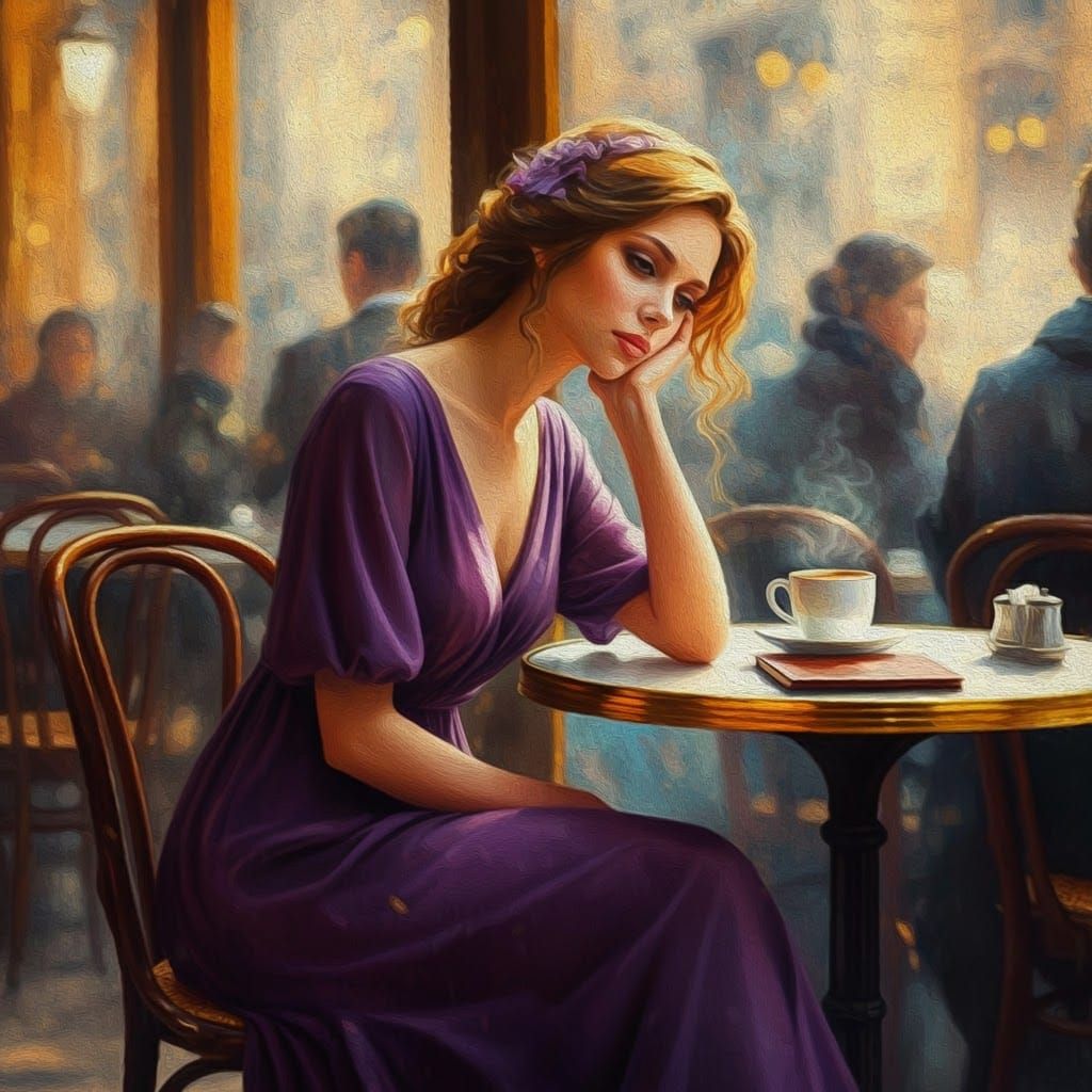 Woman in Purple Dress at Cafe, Hyperrealistic Oil Painting