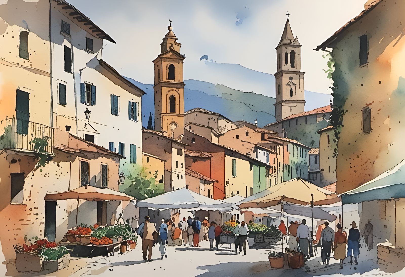 Italian Village Market in Colorful Watercolor Style