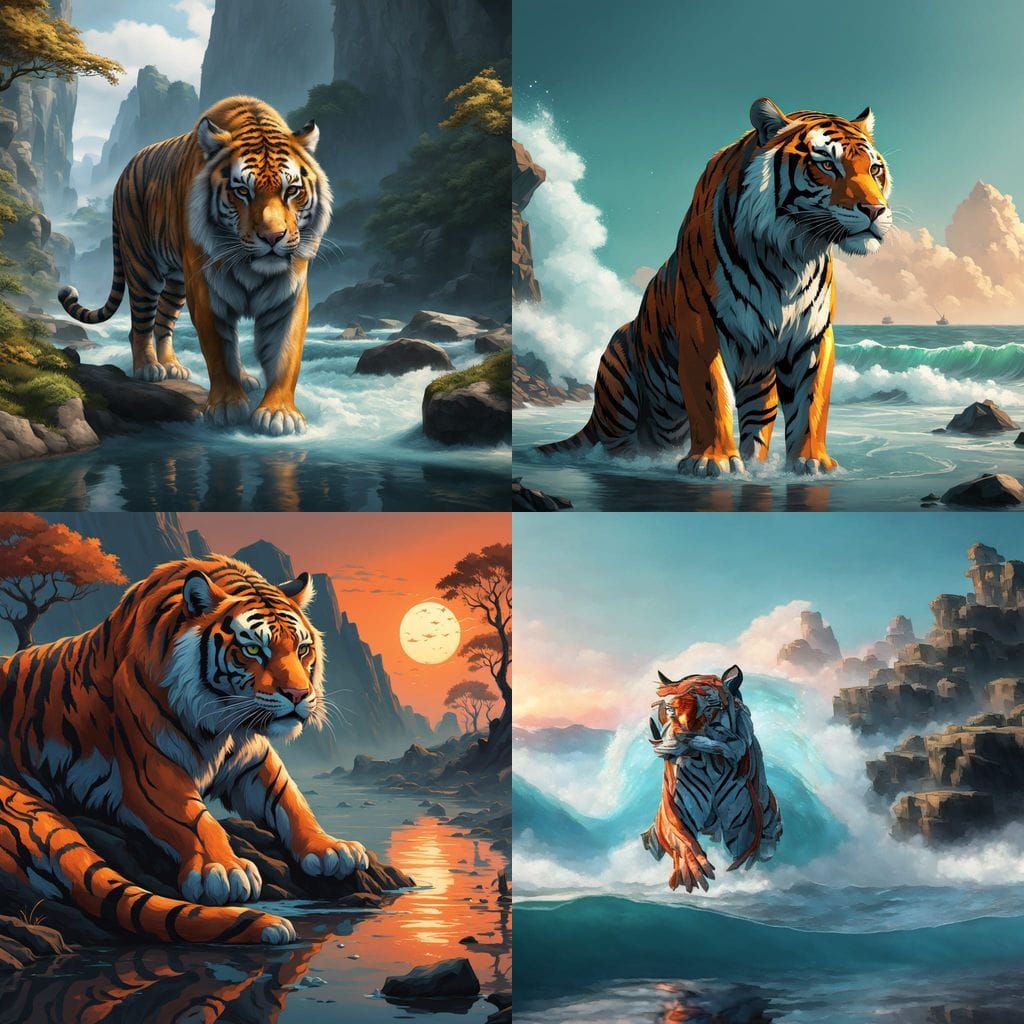 Fantastical Tiger Drinks from the Sea in a Vivid, Detailed S...