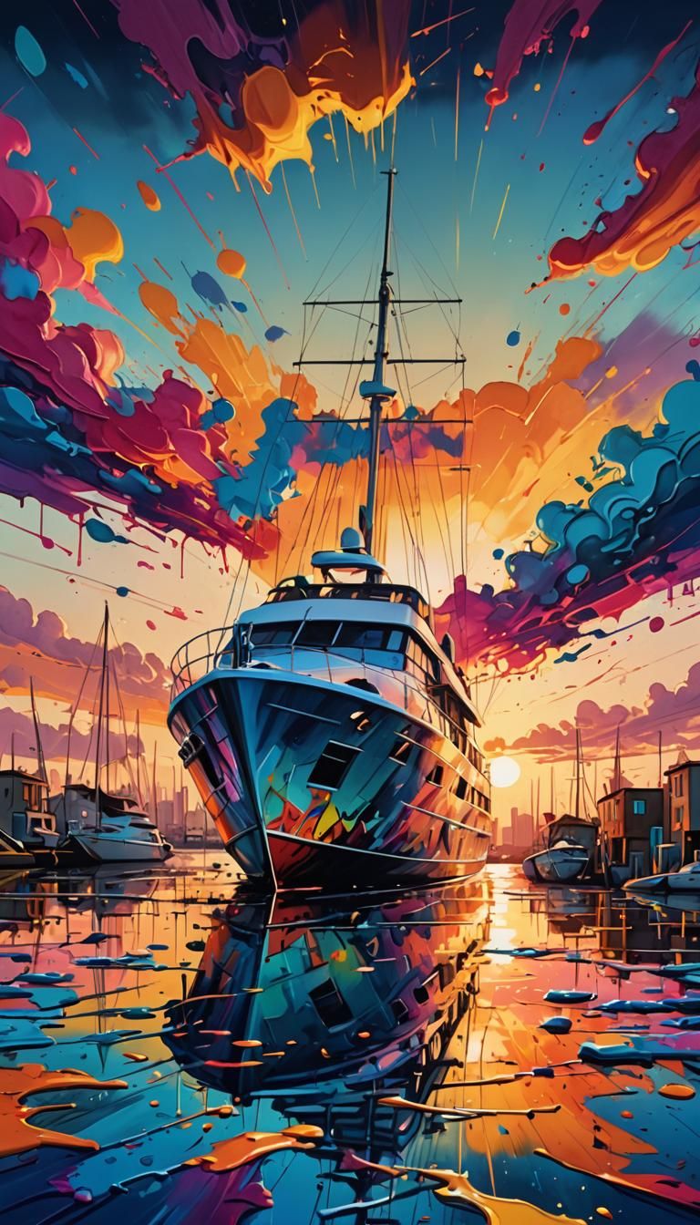 Yacht at Sunset in Graffiti Art Style