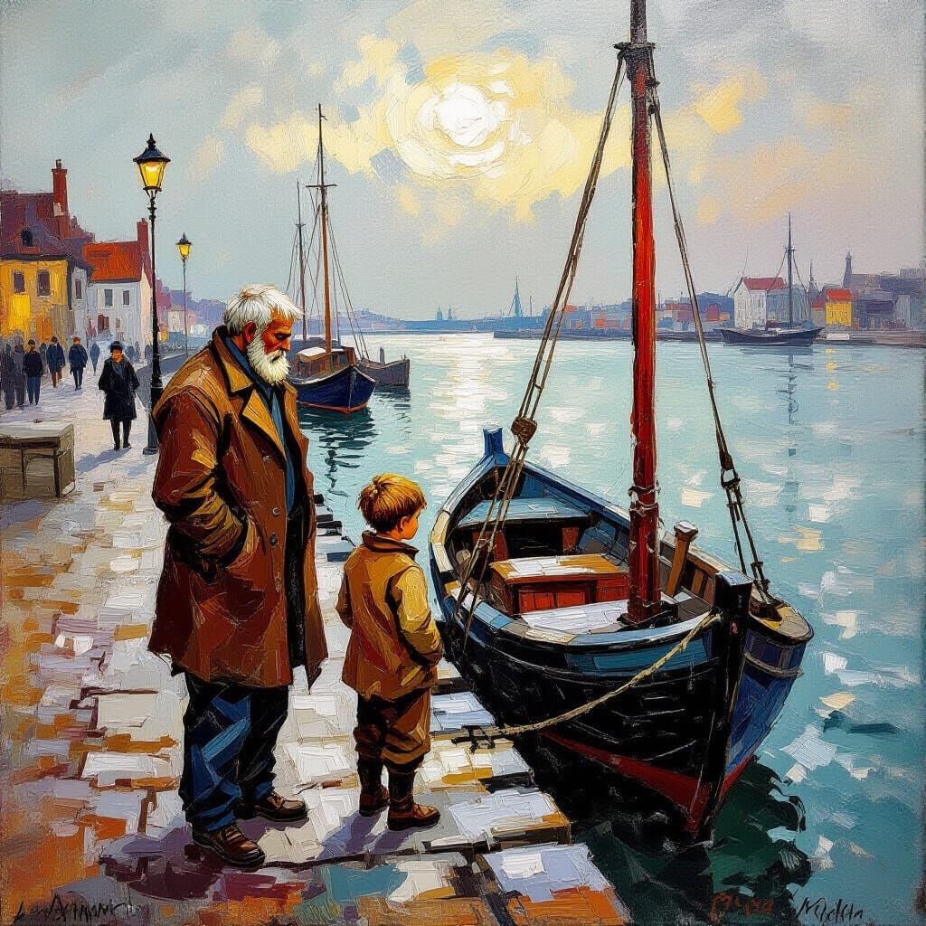 Impasto Oil Painting of Gloomy Medieval Harbor