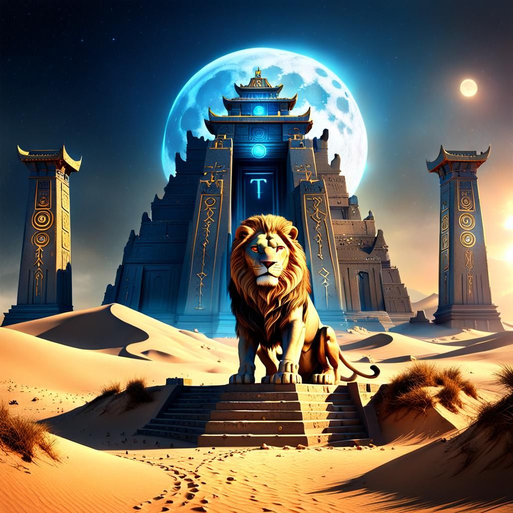 Golden Temple Under Moonlit Dunes, Digital Matte Painting