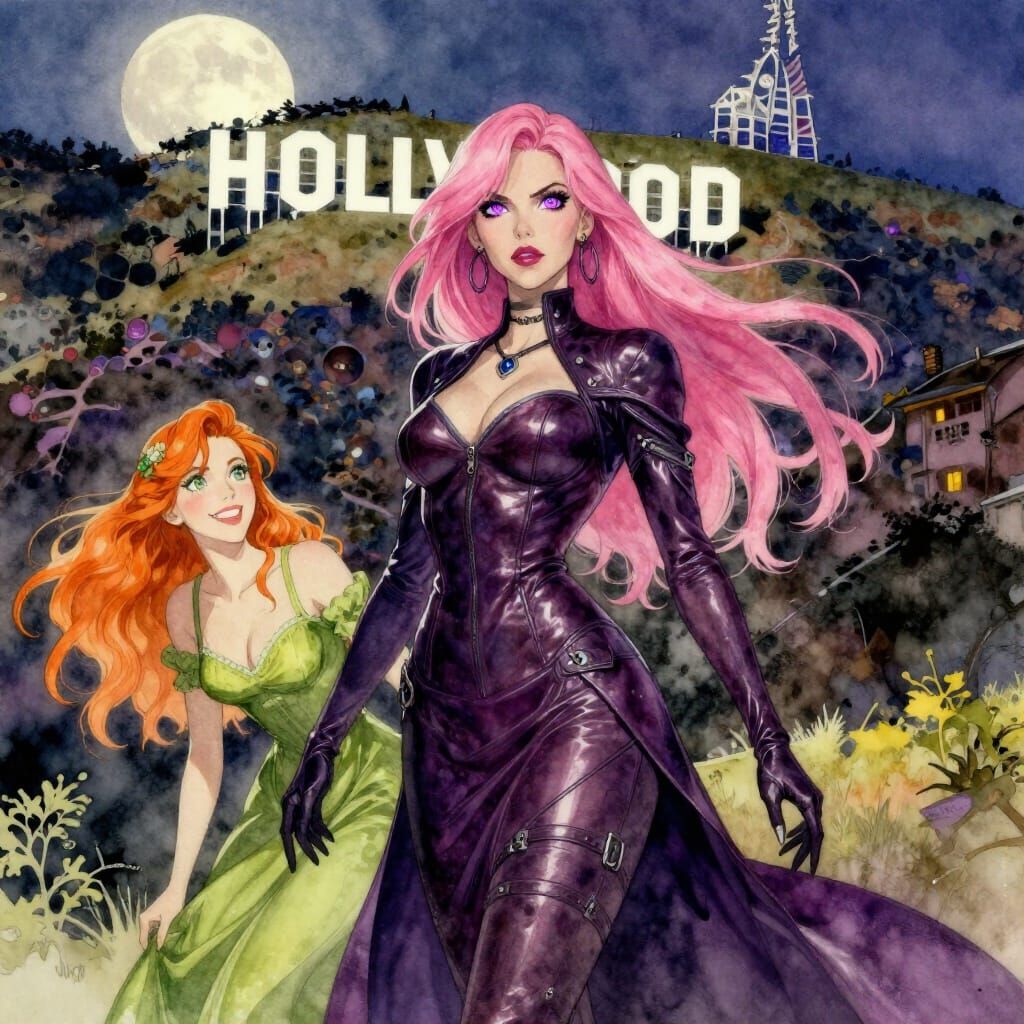 Ghost Hunting Duo by Hollywood Sign in Watercolor Style