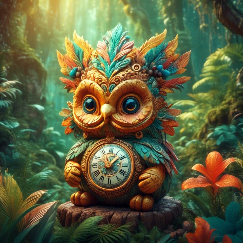 Cute Creature with Clock in Whimsical Forest