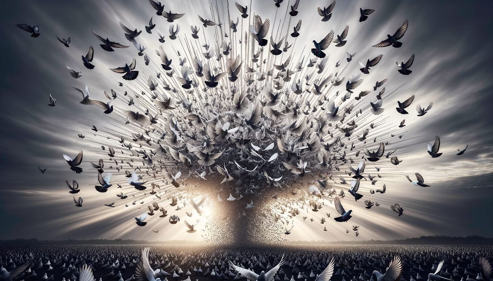 Doves in Dramatic Flight, a Black and White Spectacle