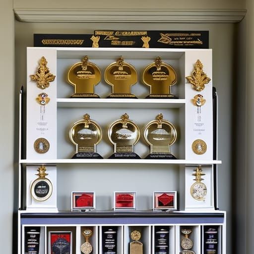 display cabinet with trophies and medals of accomplishments center is a small trophy from cereal box