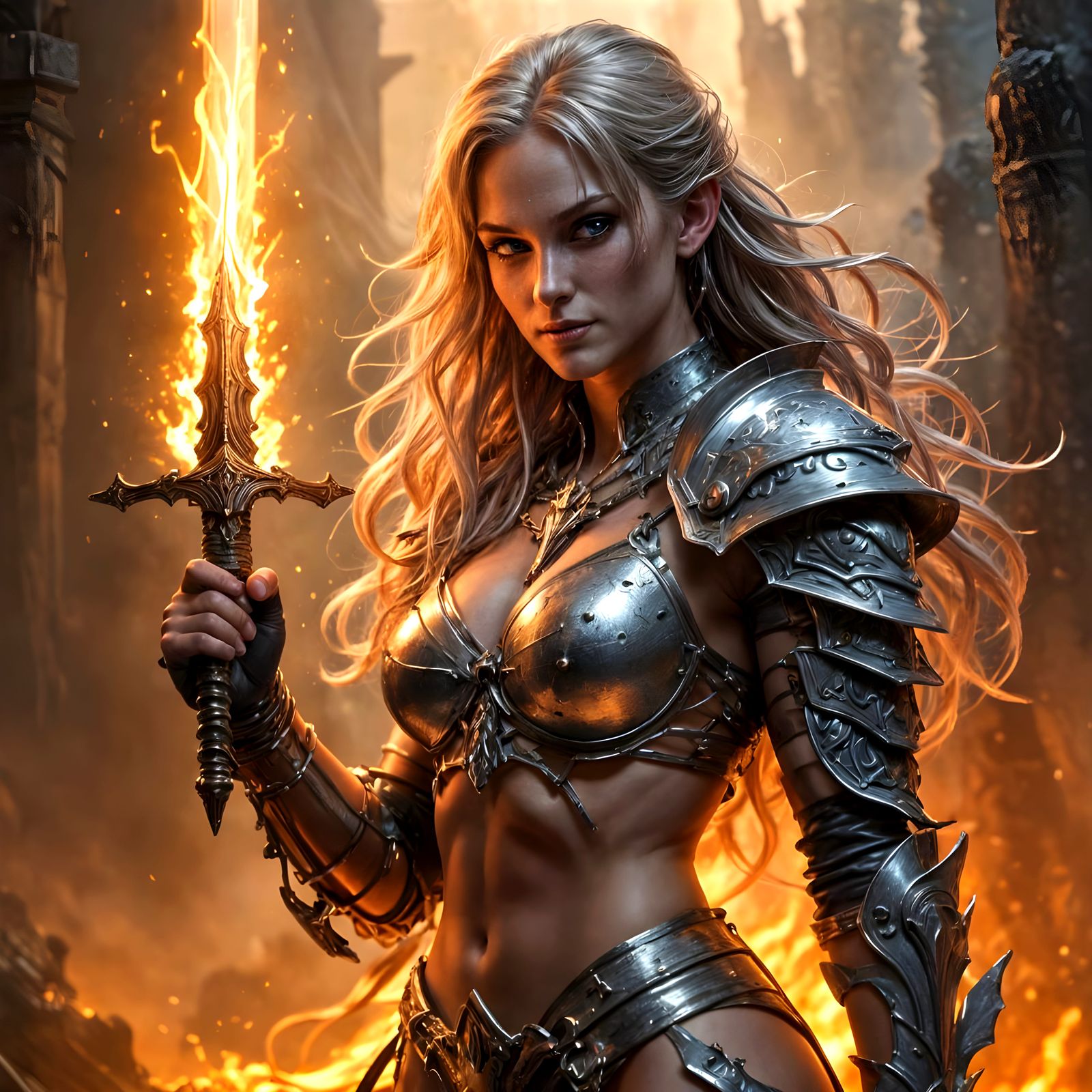 Muscular Elf Warrior with Flaming Sword