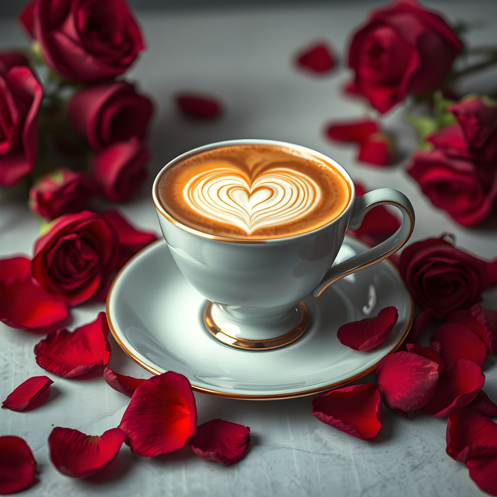 Heart Latte with Rose Petals, Digital Painting
