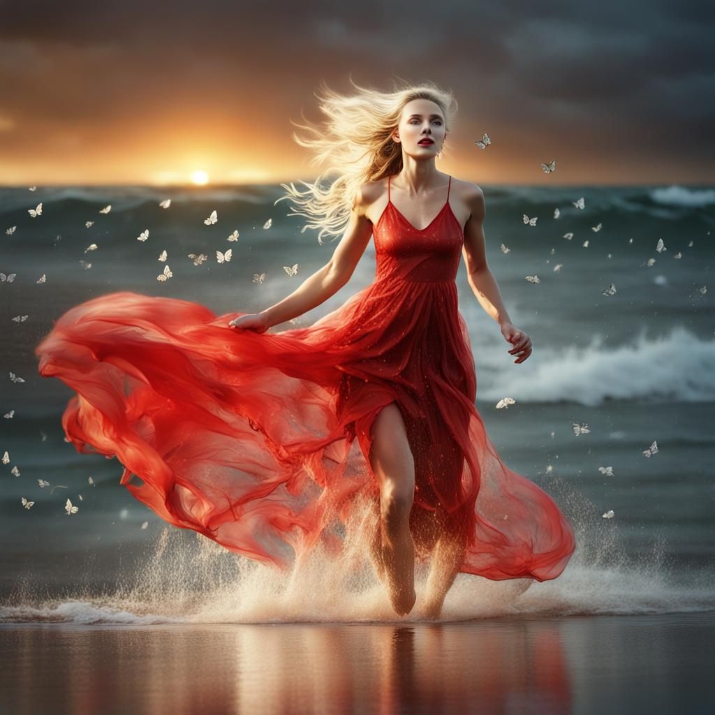 Woman in Butterfly Dress Running on Beach