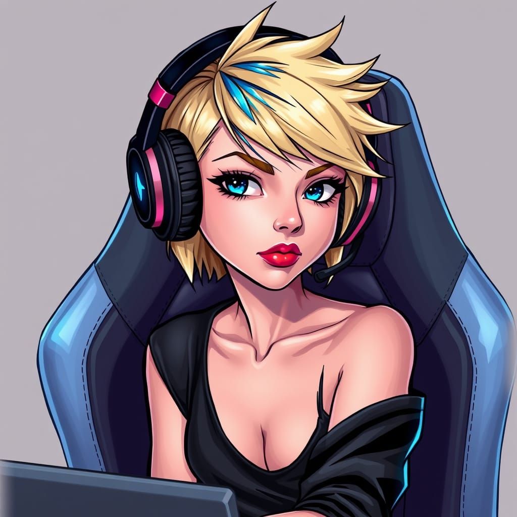 Edgy Gaming Goddess with Blue Streaks