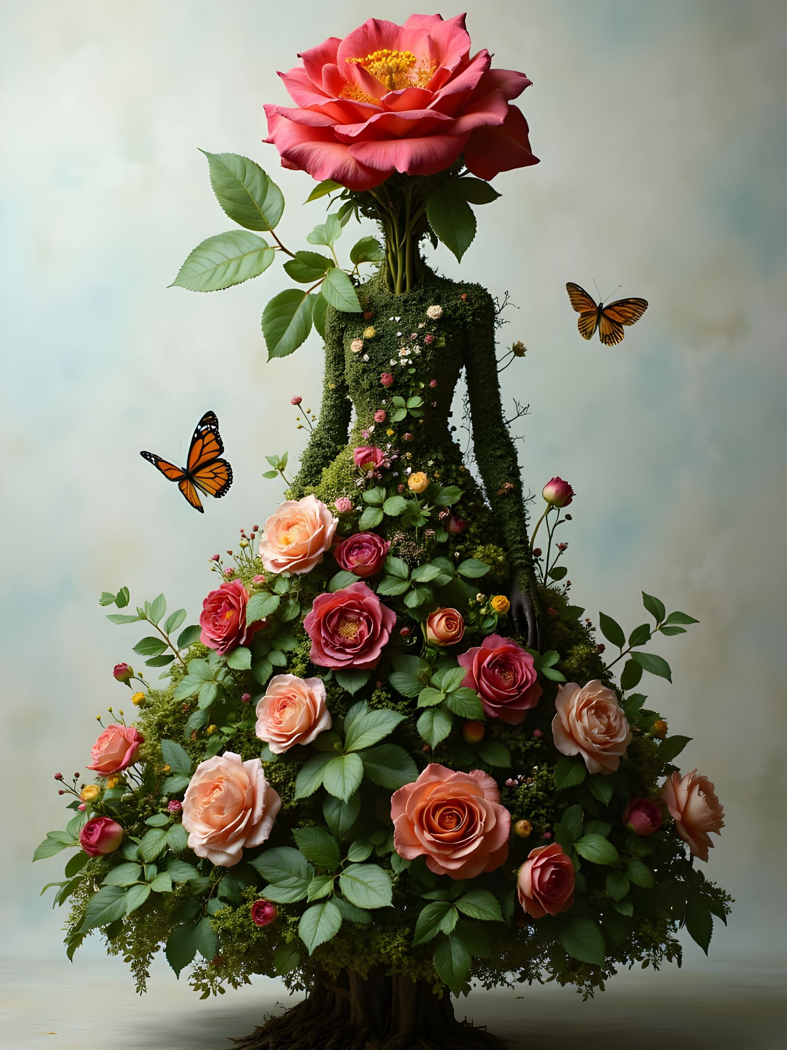 Woman Transforms into Rose in Earthy Flower Dress