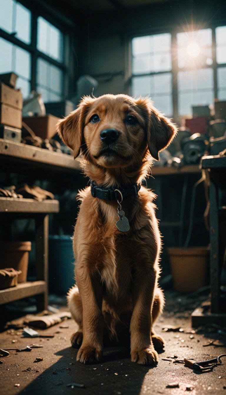 Joyful Puppy Stands in Gritty Sweatshop Setting, Cinematic F...