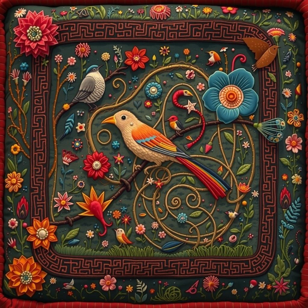 Vibrant Embroidered Maze Cushion in Whimsical Folk Art Style