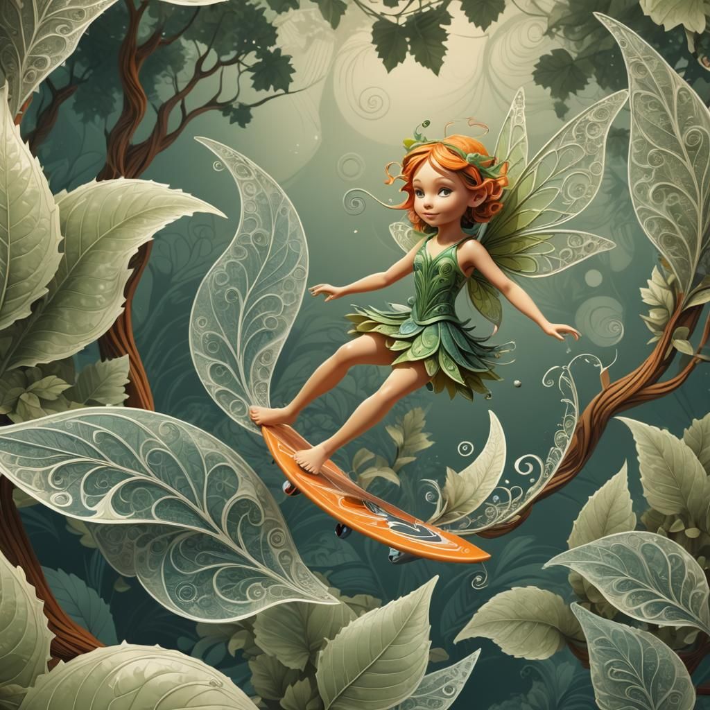 Fairy Windsurfing on Leaf in Abstract Fractal Style