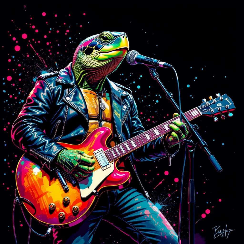 Turtle Rockstar in Hyper-Realistic Iridescent Style
