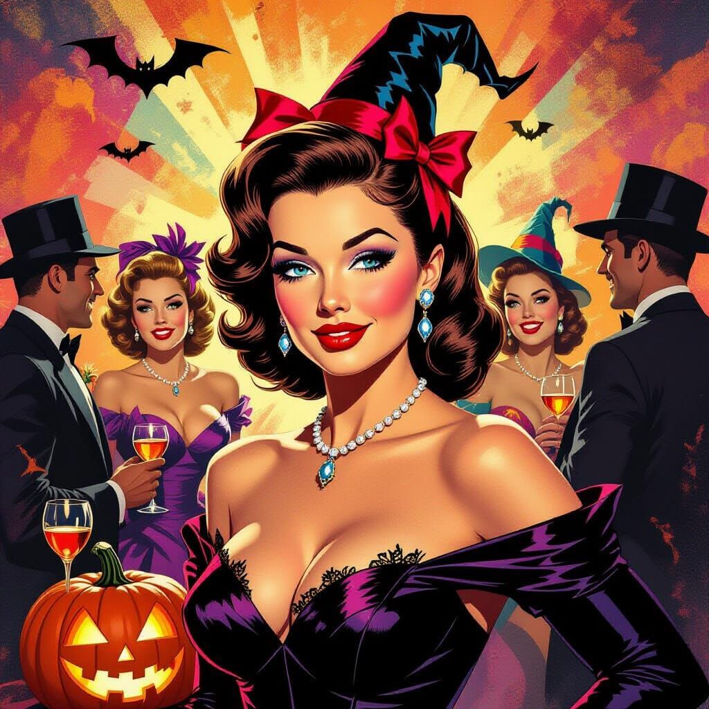 1950s Halloween Party Scene in Dramatic Splash Art Style