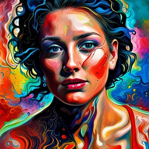 Cracking Paint Portrait of Young Woman in Vivid Colors