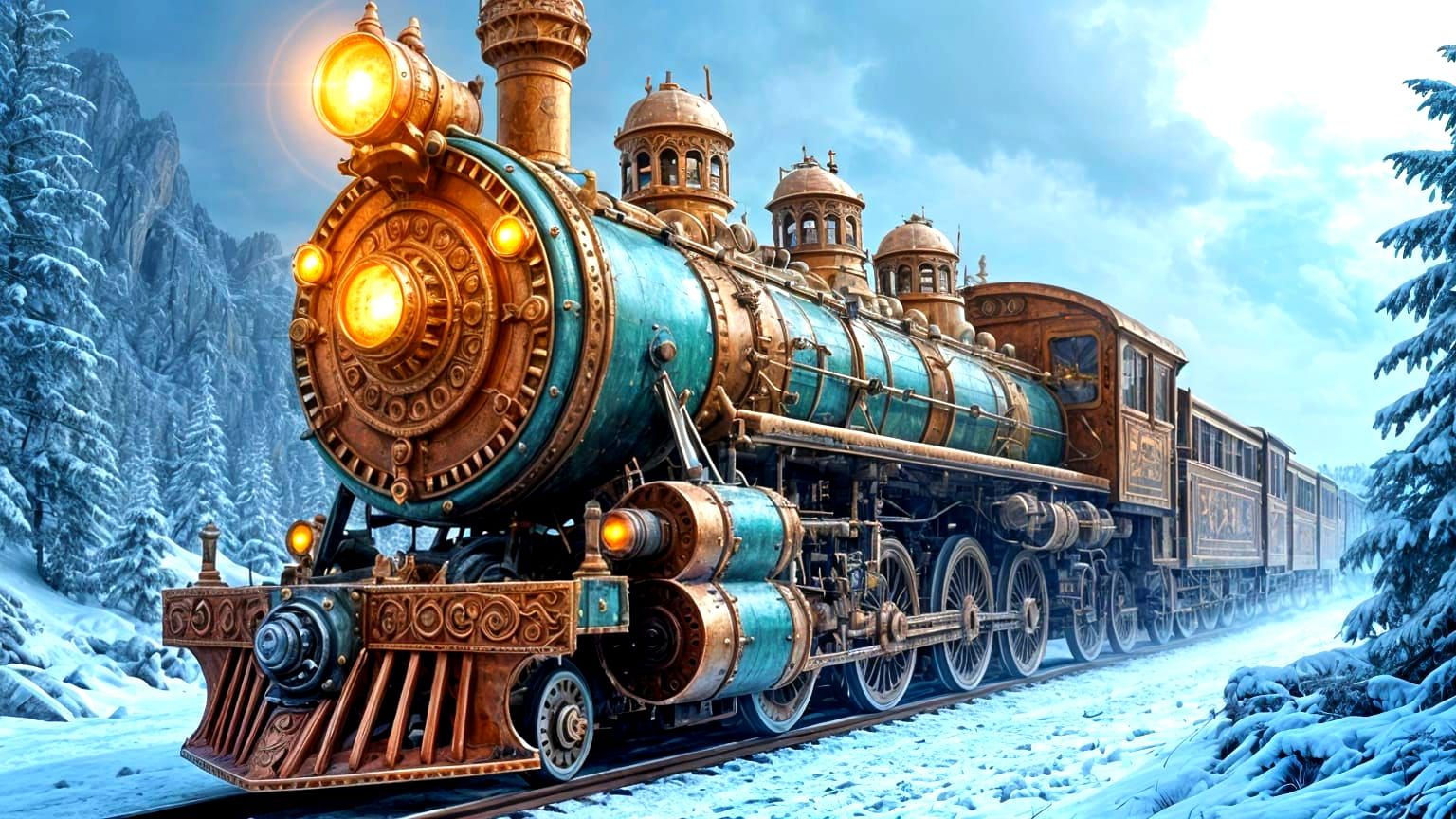 Steampunk Aztec Locomotive in Winter Mountains