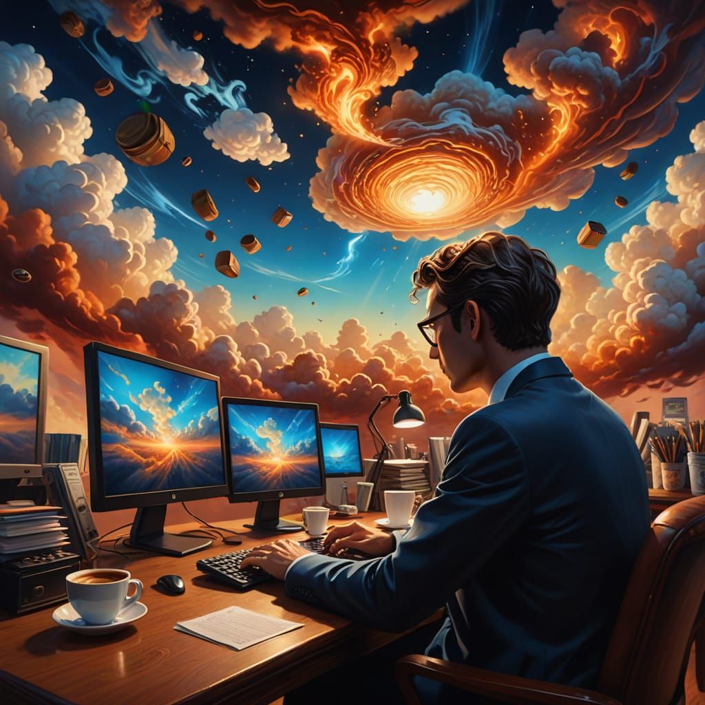 Surreal Office Scene in Oil Painting Style