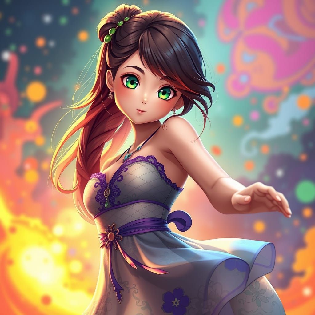 Youthful Anime Goddess Poses in Stunning Dress