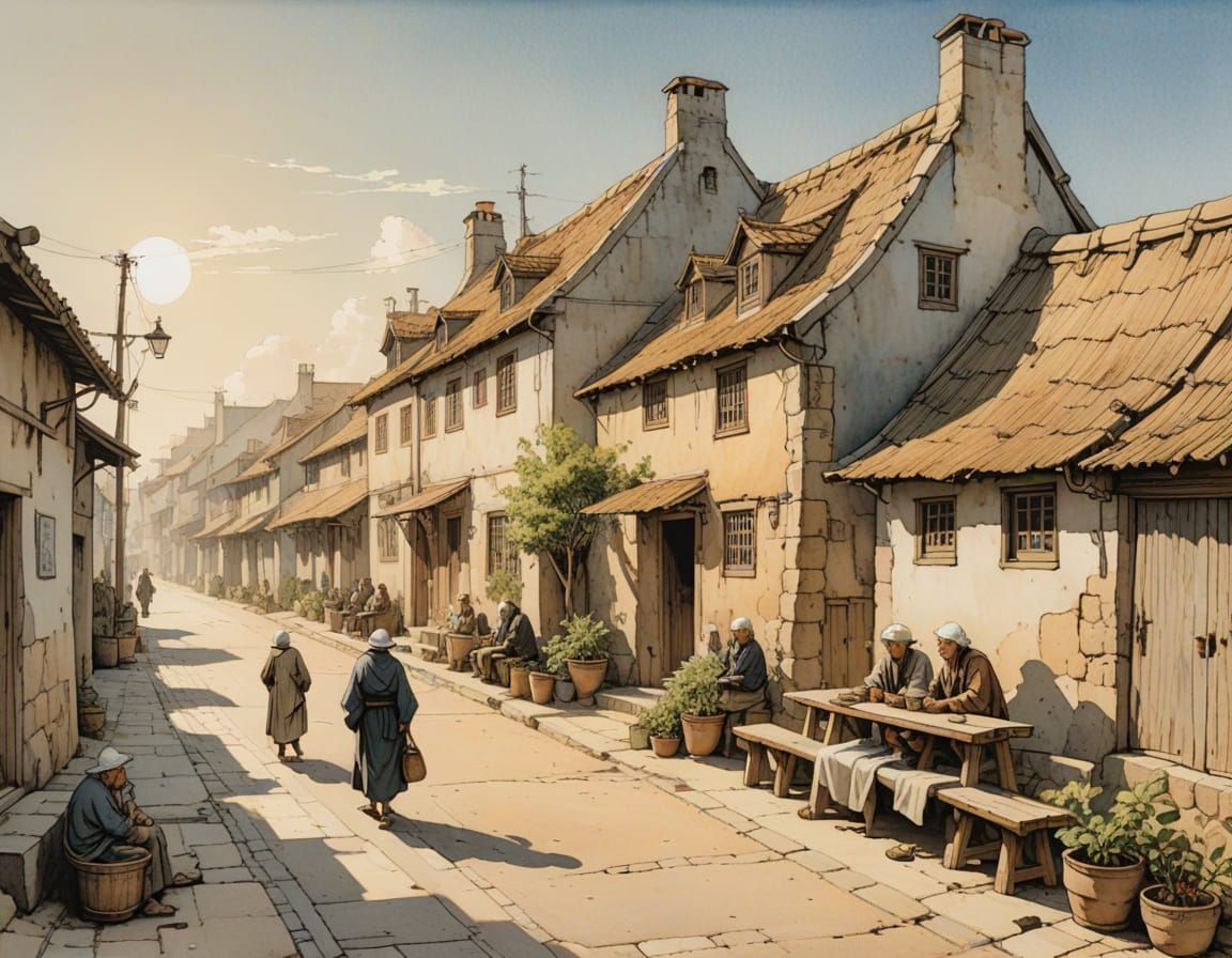 Sunny Street with Fishermen Houses and Playing Children