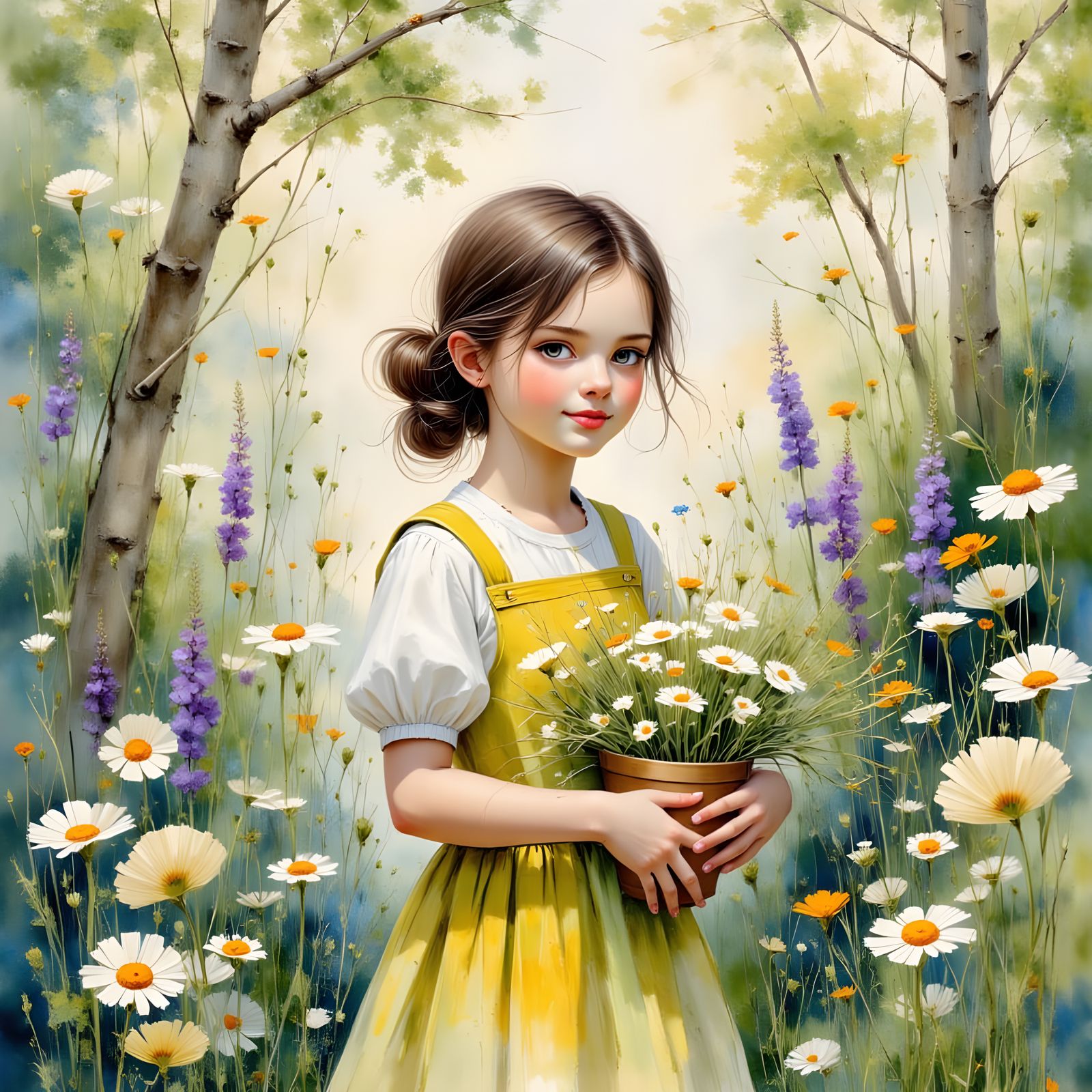 Whimsical Portrait of a Young Girl in a Dreamlike Landscape