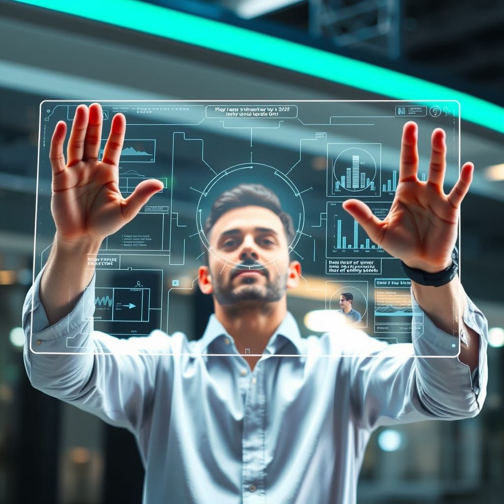 Man Controls Futuristic Holographic Display with Hand Gestur...