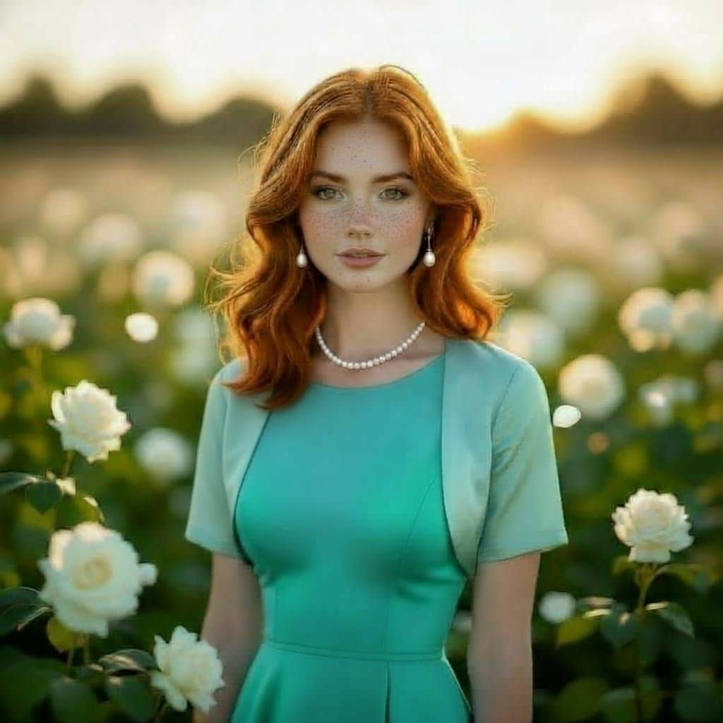 Redhead in Turquoise Dress Amidst Falling Rose Petals
